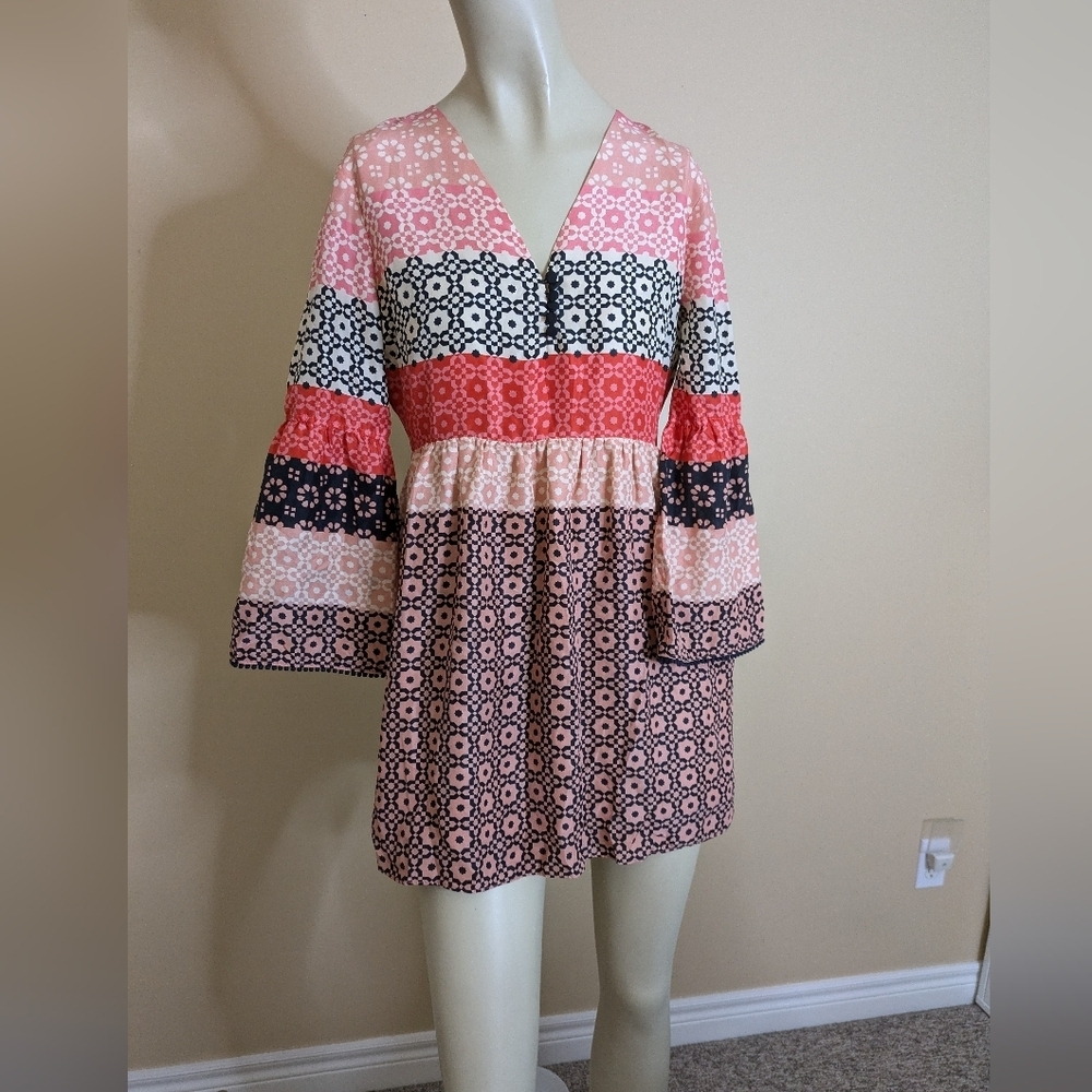 Derek Lam 10 Crosby Carnation V Neck Shift Dress Pink Black Long Sleeves Size 6